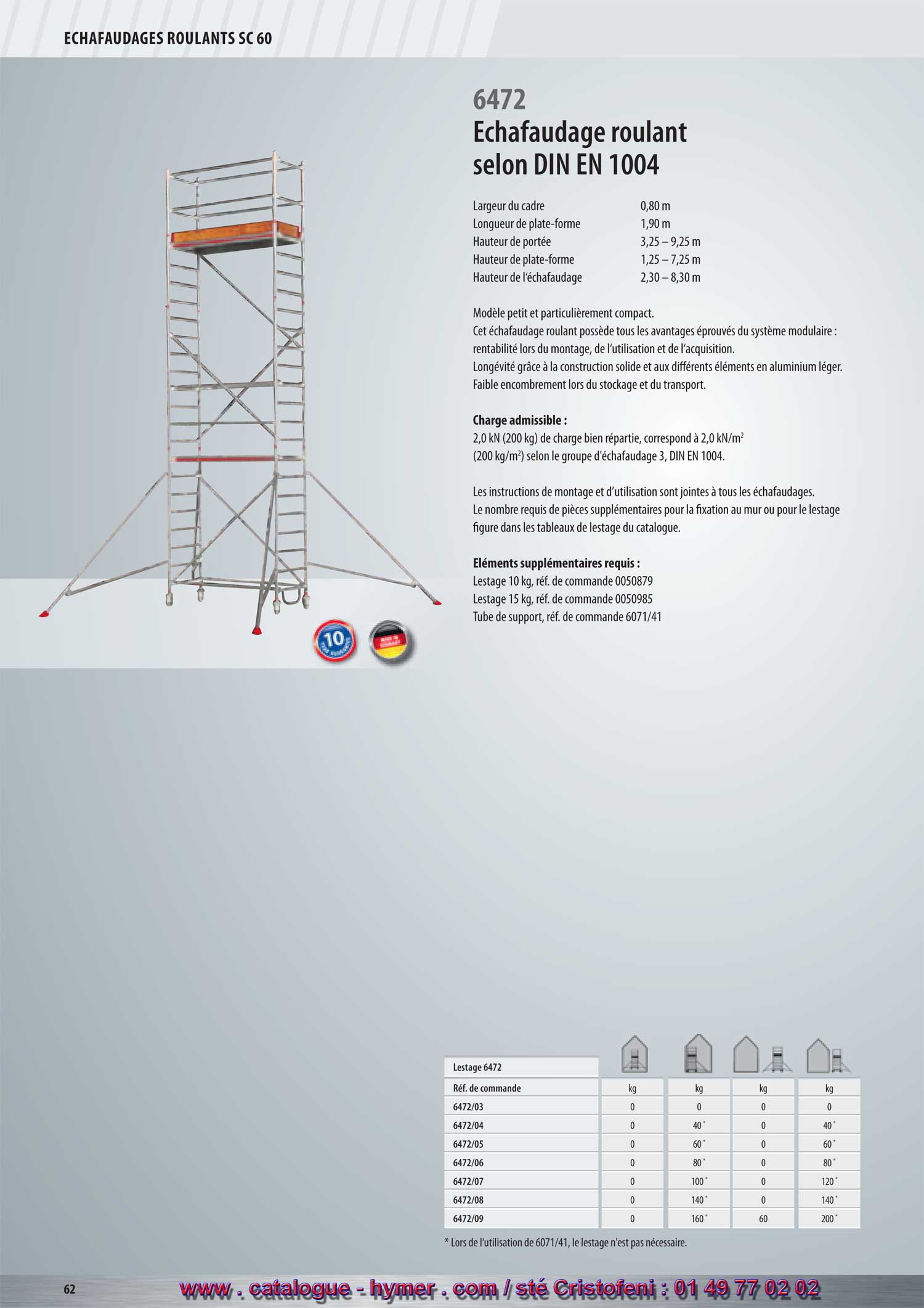 Largeur du cadre 0,80 m 
Longueur de la plate-forme 1,90 m 
Hauteur de porte 3,25  9,25 m 
Hauteur de la plate-forme 1,25  7,25 m 
Hauteur de lchafaudage 2,30  8,30 m 

Modle petit et particulirement compact. Cet chafaudage roulant possde tous 
les avantages prouvs du systme modulaire : rentabilit lors du montage, de 
lutilisation et de lacquisition. 
Longvit grce  la construction solide et aux diffrents lments en aluminium 
lger. Faible encombrement lors de lentreposage et du transport. 

Charge admissible : 

2,0 kN (200 kg) de charge rpartie, correspond  2,0 kN/m2 
(200 kg/m2) conformment au groupe dchafaudage 3, DIN EN 1004. 

Les instructions de montage et dutilisation sont jointes  tous les chafaudages. Le nombre 
requis de pices supplmentaires pour la fixation au mur ou pour le lestage figure dans les 
tableaux de lestage du catalogue. 

lments supplmentaires requis : 

Lest 10 kg, Rf. de commande 0050879 
Lest 15 kg, Rf. de commande 0050985 
Tube de support, Rf. de commande 6071/41 

6472 